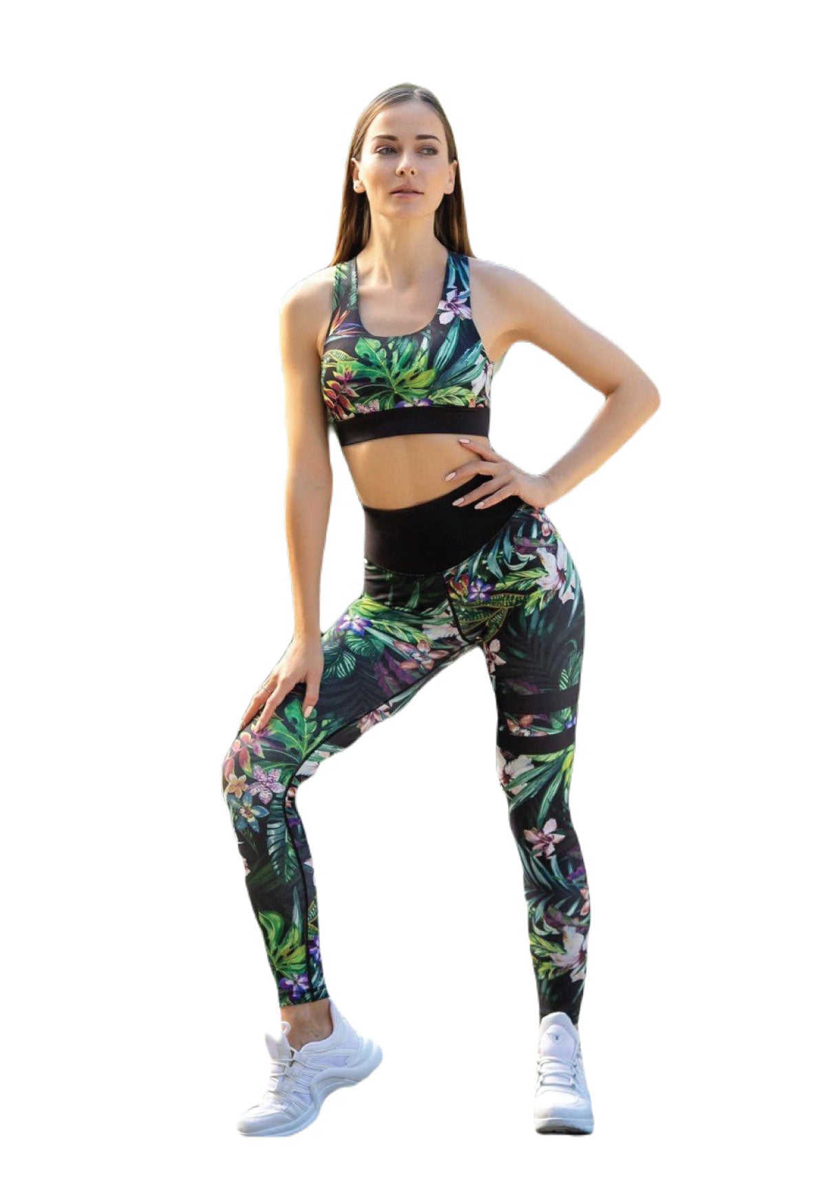 Person posiert in Lismina 876 Extra High Waist Leggings, Schwarz & Grün geblumt, mit passendem bauchfreiem Top auf weißem Hintergrund.